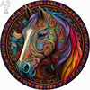 A detailed, colorful wooden puzzle of a horse's head with intricate patterns.