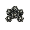 A set of black twenty-sided dice showing various numbered faces.