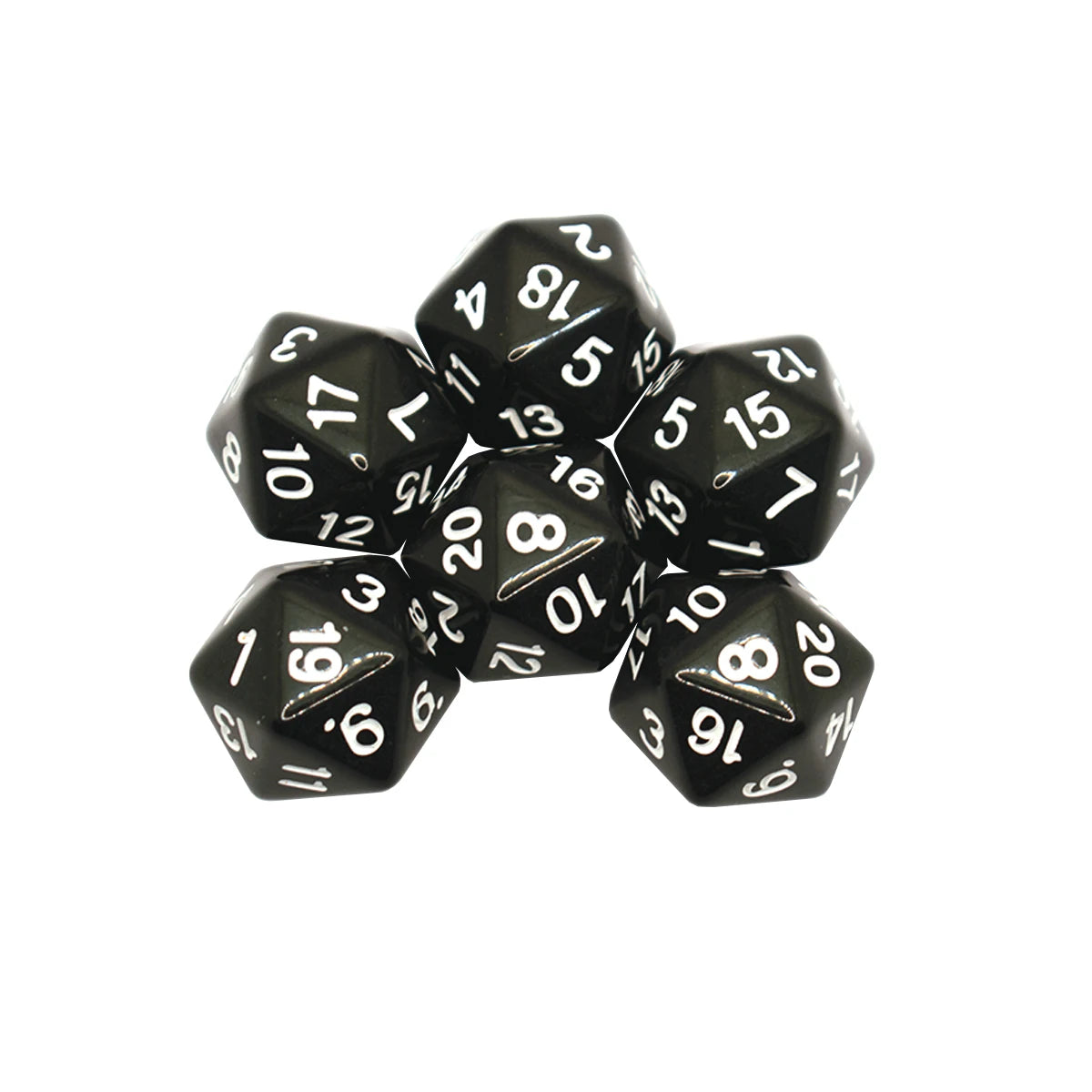 A set of black twenty-sided dice showing various numbered faces.