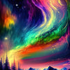 Vibrant aurora borealis landscape featuring swirling colors over a snowy mountain range and dark evergreen trees.