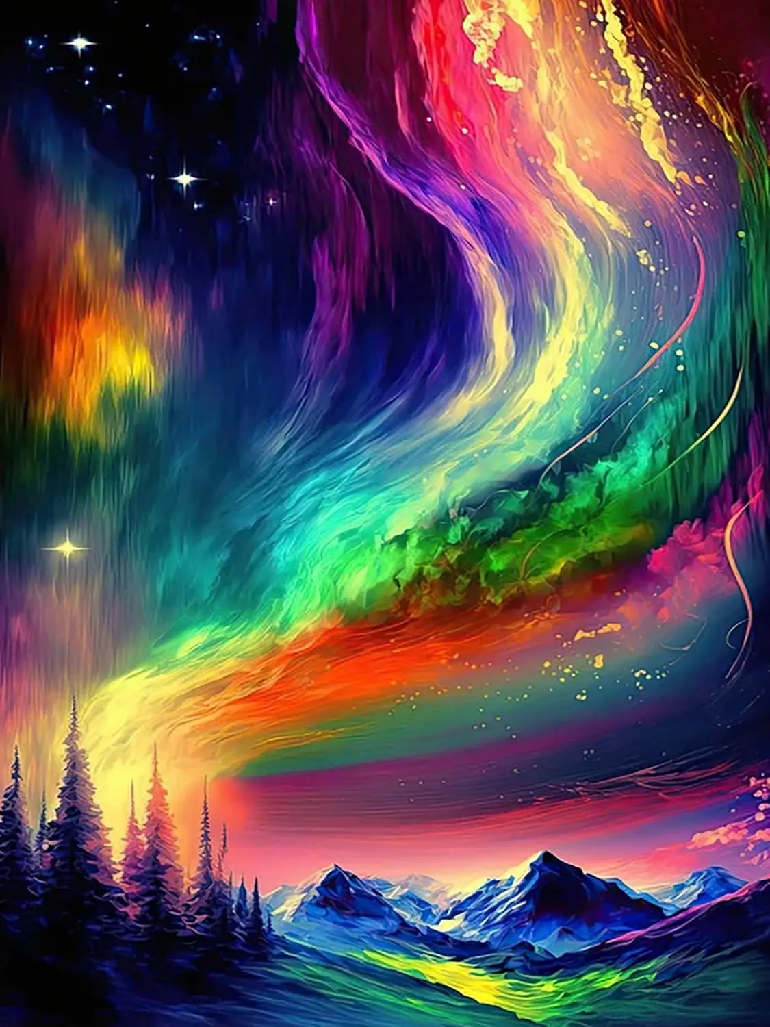 Vibrant aurora borealis landscape featuring swirling colors over a snowy mountain range and dark evergreen trees.