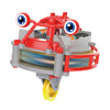 A red and gray gyroscopic unicycle fingertip spinner toy with large blue eyes.
