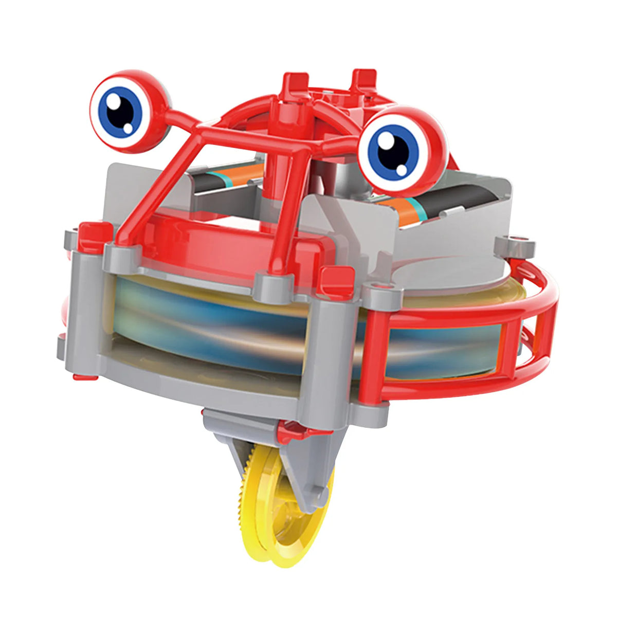 A red and gray gyroscopic unicycle fingertip spinner toy with large blue eyes.
