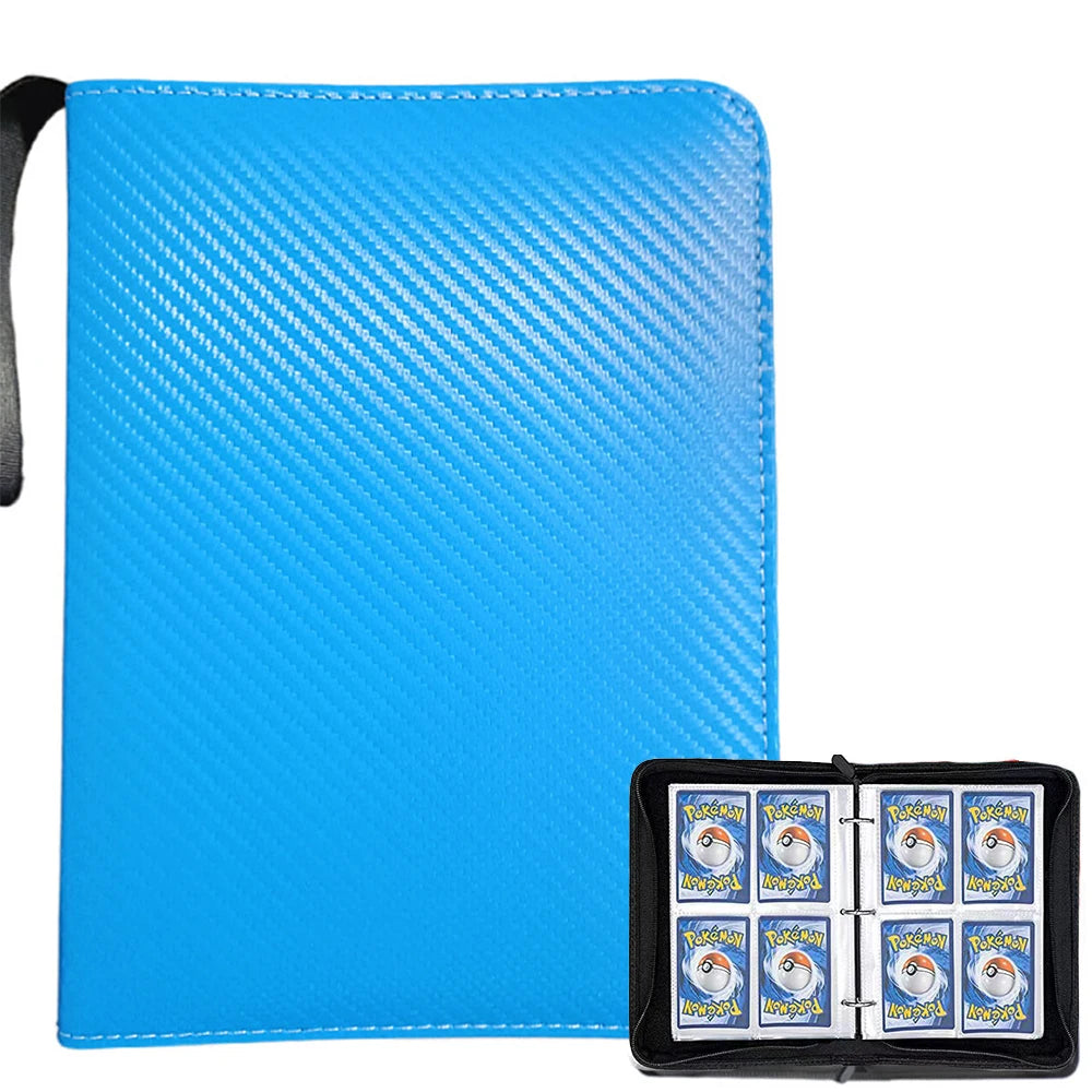 A bright blue PU leather card binder with a zipper closure and a black strap.