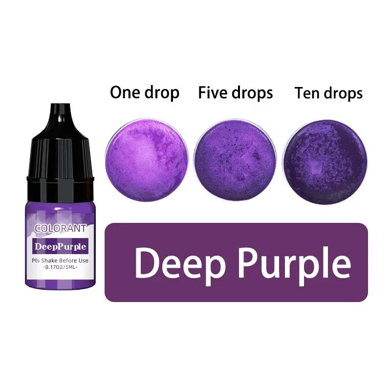 A set of Deep Purple liquid candle wax pigment drops showing varying concentrations: one, five, and ten drops.