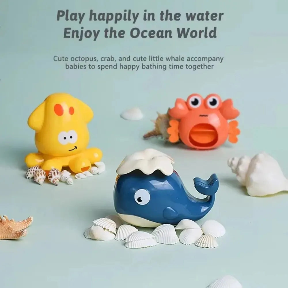 A set of bath toys including an octopus, crab, and a little whale for toddlers to play in the water.