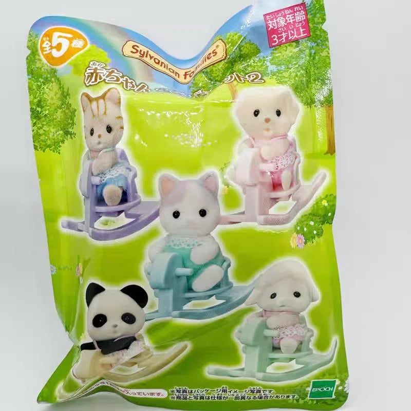 A plastic bag containing a Sylvanian Families blind bag collectible figure in a green background.