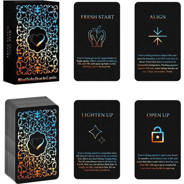 A deck of Mind Info Oracle Cards featuring ornate designs and spiritual guidance cards.