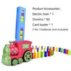 A pink train toy with various accessories including an electric train, dominoes, and a card loader.