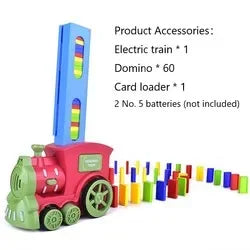 A pink train toy with various accessories including an electric train, dominoes, and a card loader.
