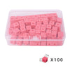 A clear plastic container filled with 100 pink linking cubes for early math learning.
