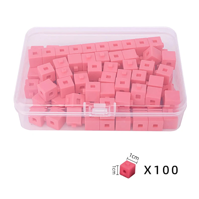 A clear plastic container filled with 100 pink linking cubes for early math learning.