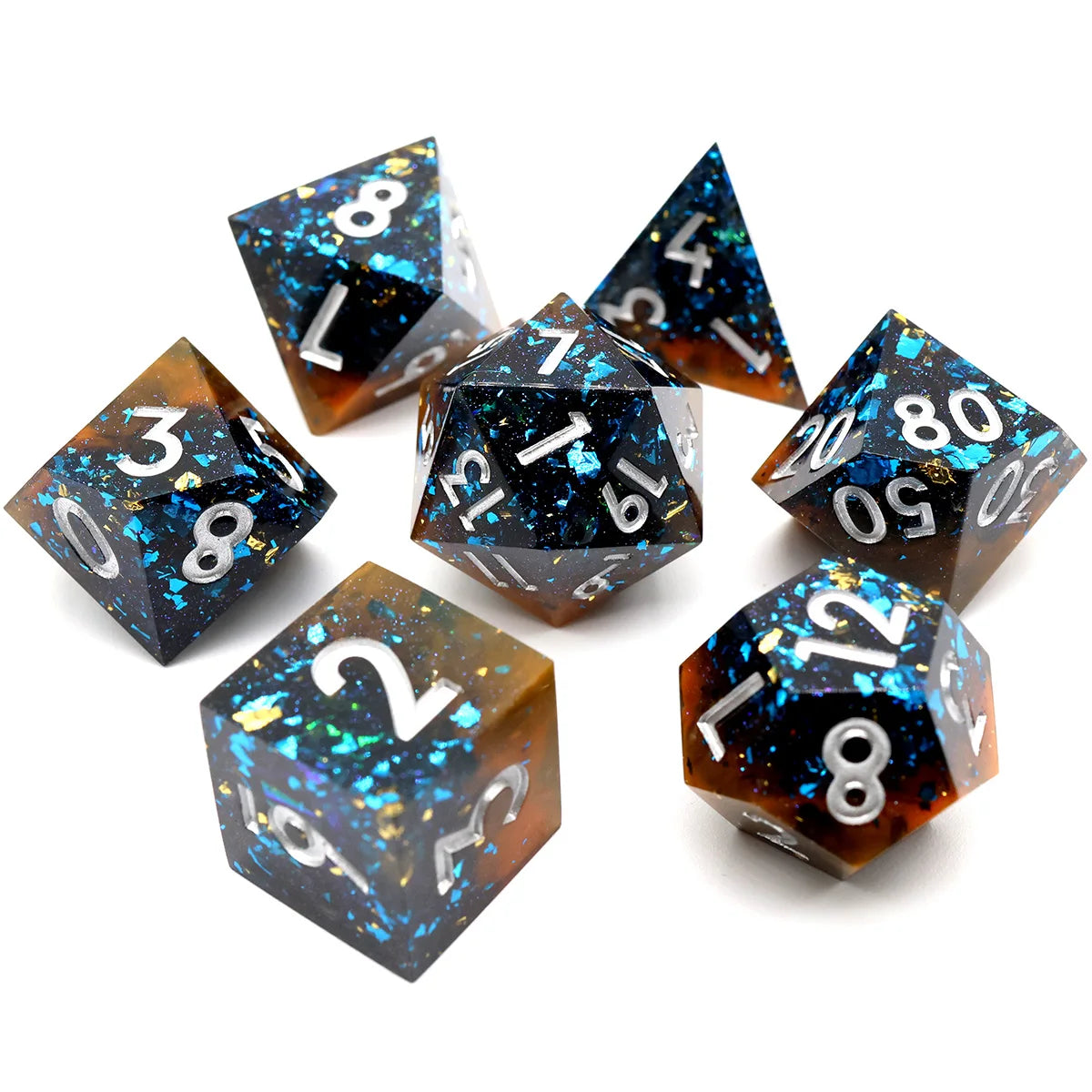 A set of seven polyhedral resin dice showing various numbers and symbols on a white background.