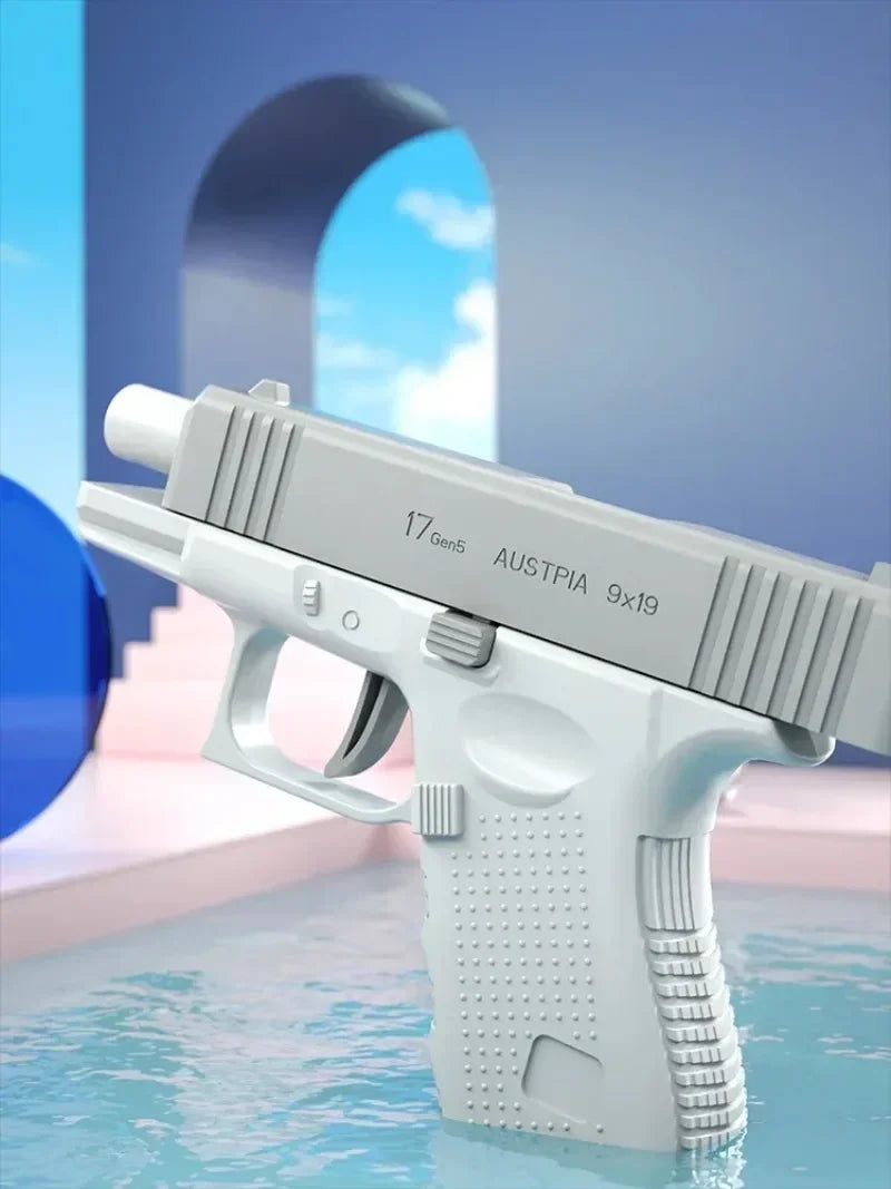 A white pistol-like device is shown floating in water, with a blue arched background.