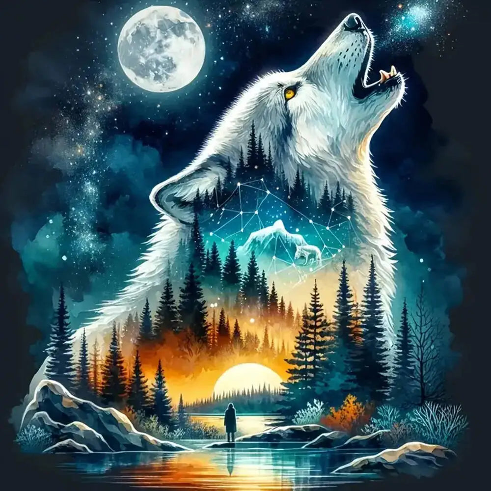 A majestic white wolf howling at a full moon with a glowing geometric outline over a dark forest landscape.