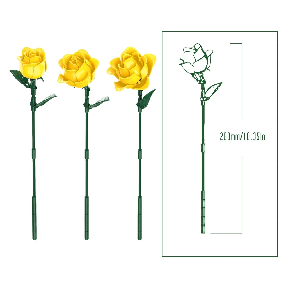 A bouquet of yellow roses with green stems and leaves, shown next to a diagram detailing the size.