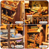 A collection of miniature wooden magic items including a wand, potion bottles, and books displayed in a rustic nook.