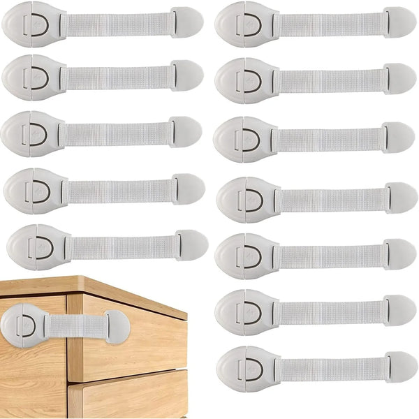 Colección de candados blancos para gabinetes de seguridad infantil y protección de cajones.