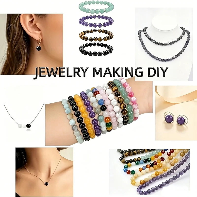 Various strands of green, purple, and amber gemstone beads for jewelry making projects