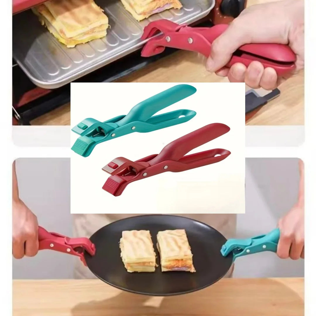 Three silicone pot grippers and metal tongs in red, green, and pink are shown gripping food items.