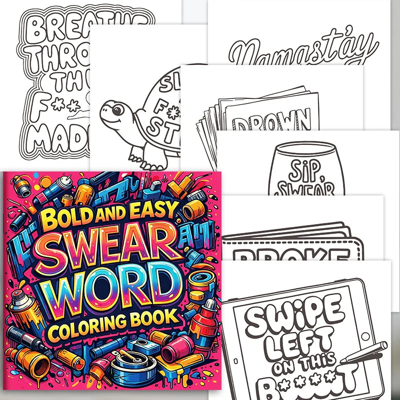 A colorful coloring book featuring bold and easy swear word designs for adult stress relief.