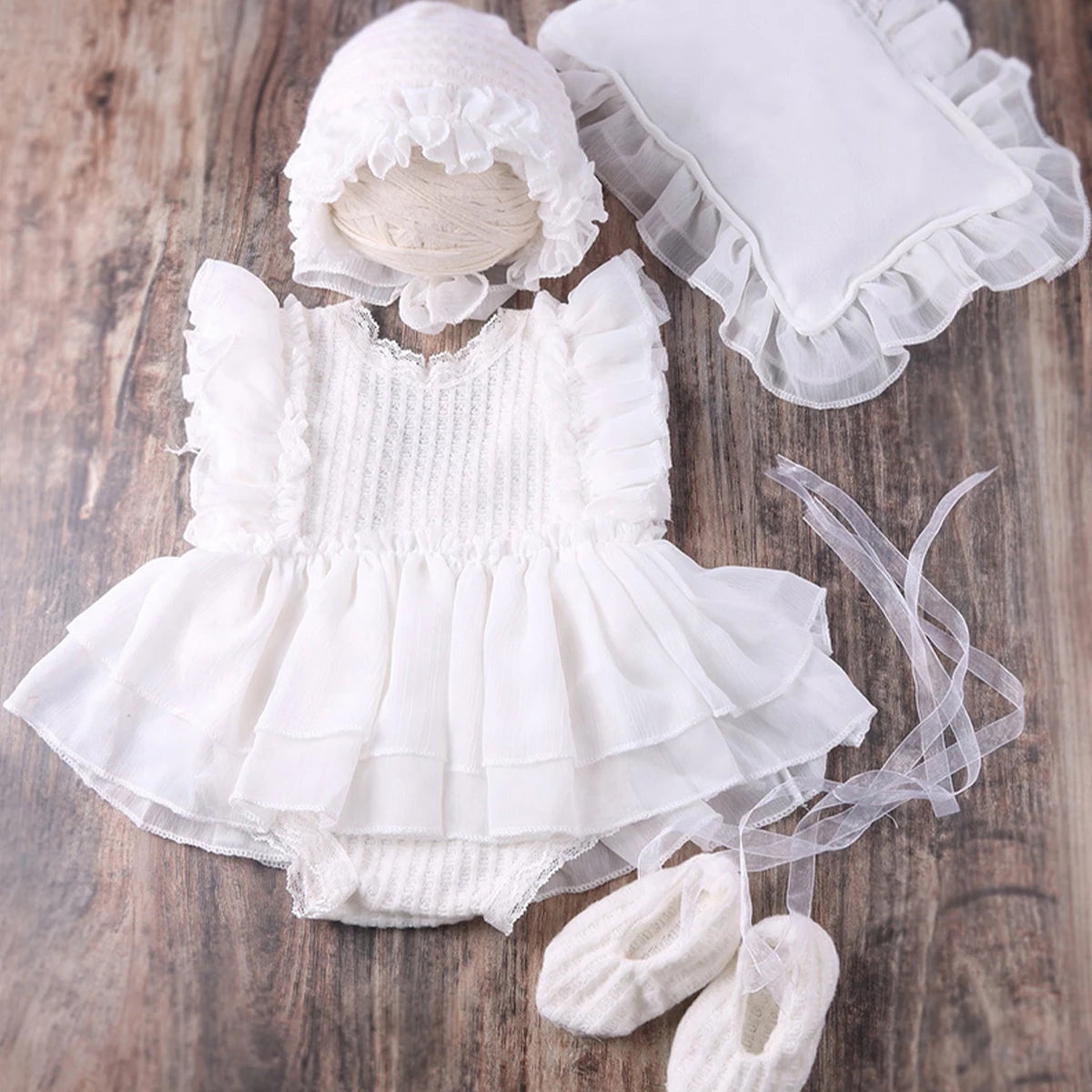Newborn Chiffon Photography Outfit Set with Hat, Pillow & Mini Shoes