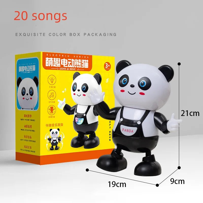 A white panda musical robot toy with black accents is displayed next to its packaging box.