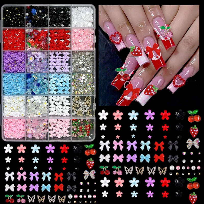 A collection of DIY nail art charms including bows, flowers, fruits, and butterflies in various colors and textures.