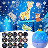 A blue spherical night light projector displaying a starry sky and jungle animals on a dark background.