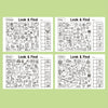 Quatre pages d'activités Look & Find dans les couleurs orange, gris, vert et jaune pour enfants