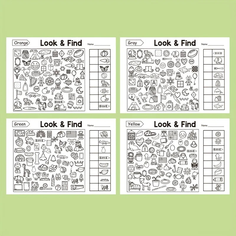 Quatre pages d'activités Look & Find dans les couleurs orange, gris, vert et jaune pour enfants