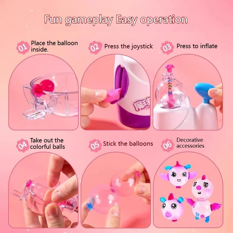 A six-step guide showing how to use a balloon modeling kit to inflate and decorate balloons.