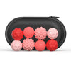 A collection of soft sensory silicone massage balls in pink and red colors displayed inside a black zippered pouch.