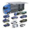 A die-cast construction truck set featuring a blue transporter truck and various other vehicles.