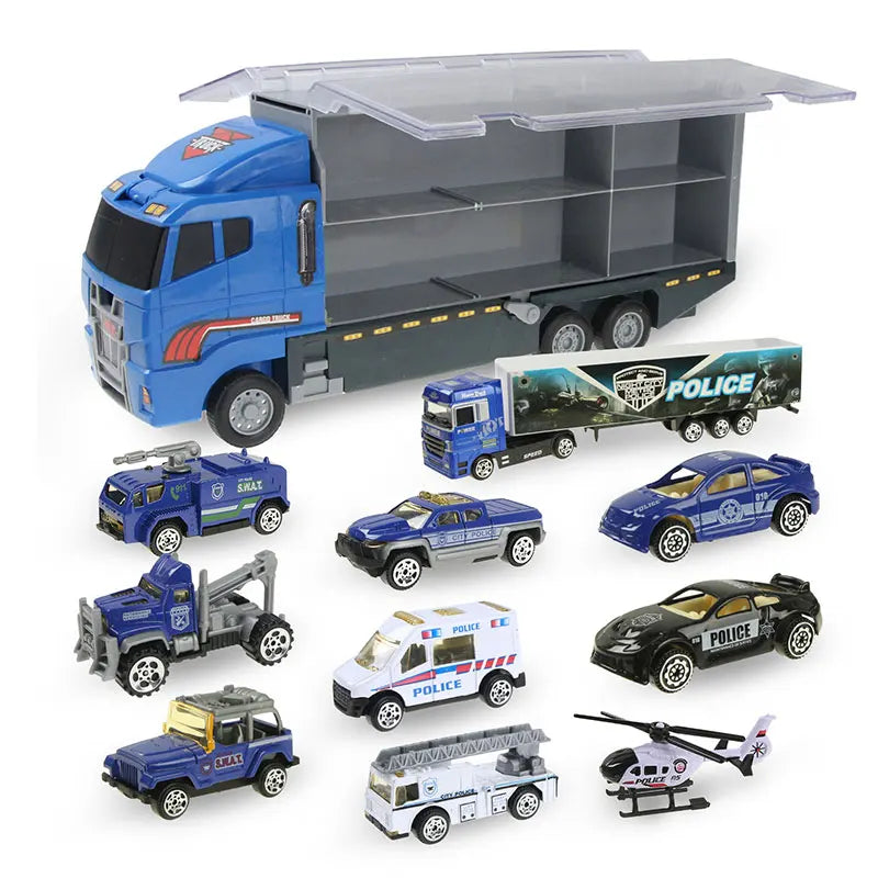 A die-cast construction truck set featuring a blue transporter truck and various other vehicles.