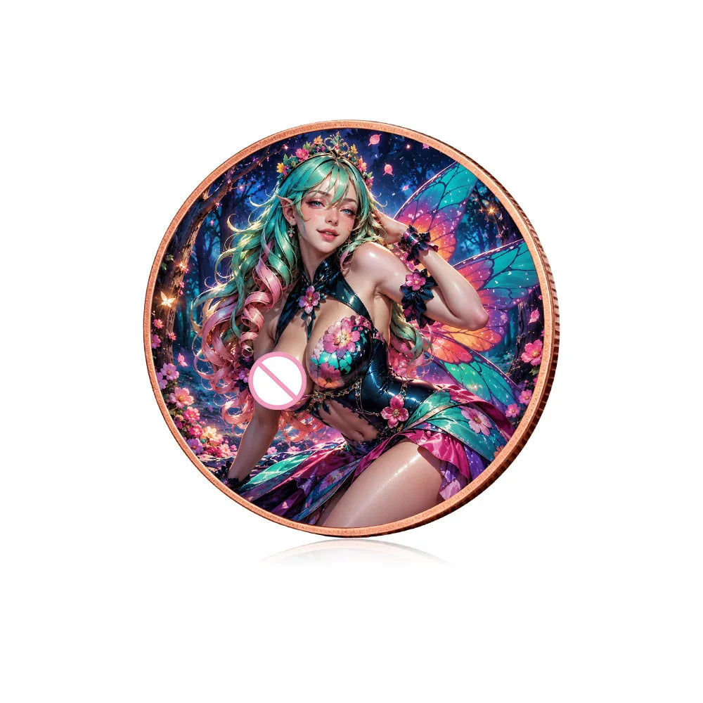 A fantasy witch with green hair and elaborate costume is depicted on a copper challenge coin design.