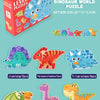 A set of wooden dinosaur jigsaw puzzles including various dinosaurs like a blue dinosaur, a red dinosaur, and a purple dinosa