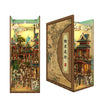 A DIY book nook kit featuring a detailed miniature scene with traditional architecture and LED lighting.