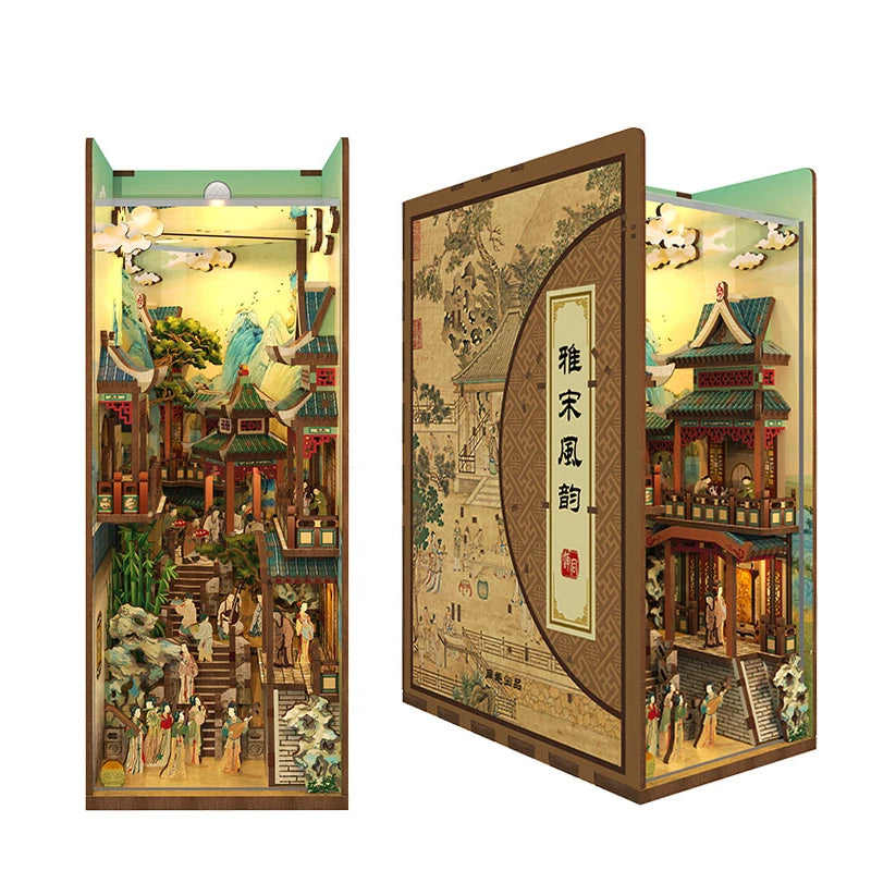 A DIY book nook kit featuring a detailed miniature scene with traditional architecture and LED lighting.