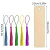 A set of ten wooden blank bookmarks with colorful tassels in various shades of blue, pink, green, yellow, and purple.