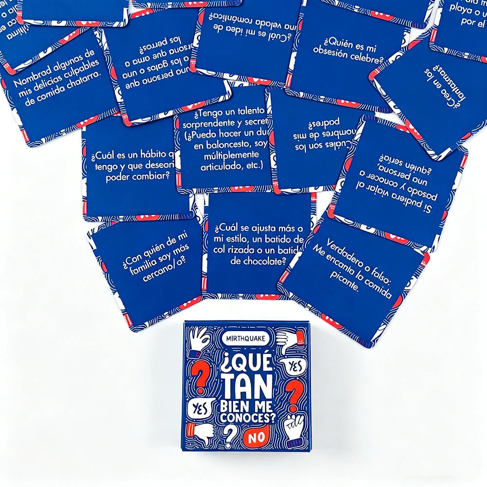 A collection of blue mini game cards with Spanish questions for conversation starters