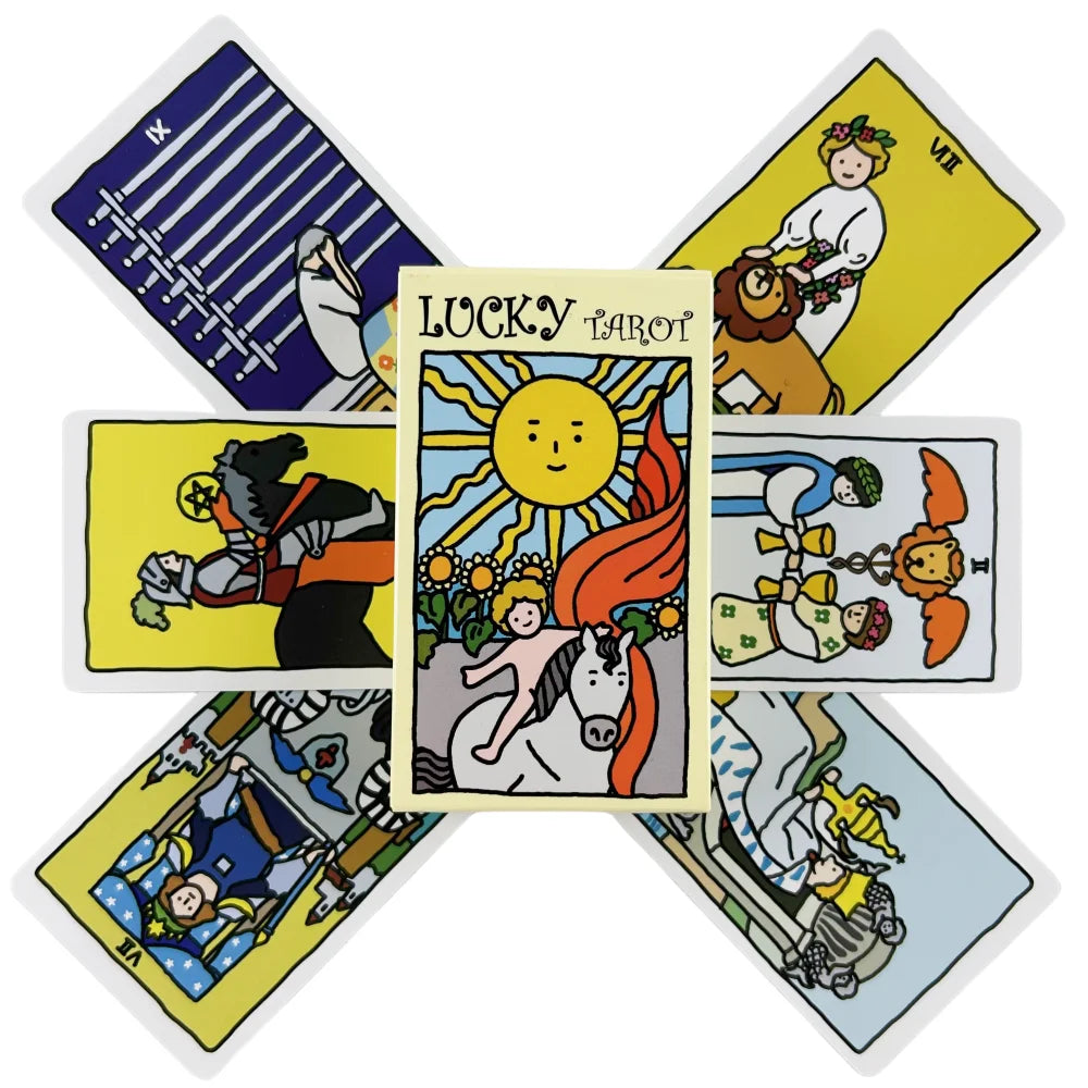 A collection of tarot cards featuring various illustrations and symbols.