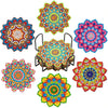 A set of colorful mandala flower coasters made from 5D diamond painting.