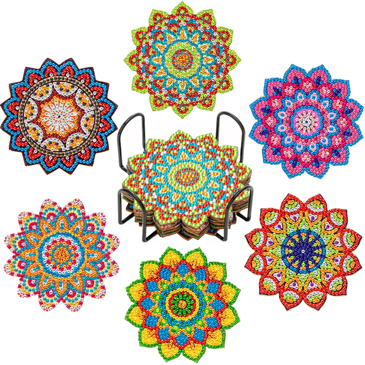 A set of colorful mandala flower coasters made from 5D diamond painting.