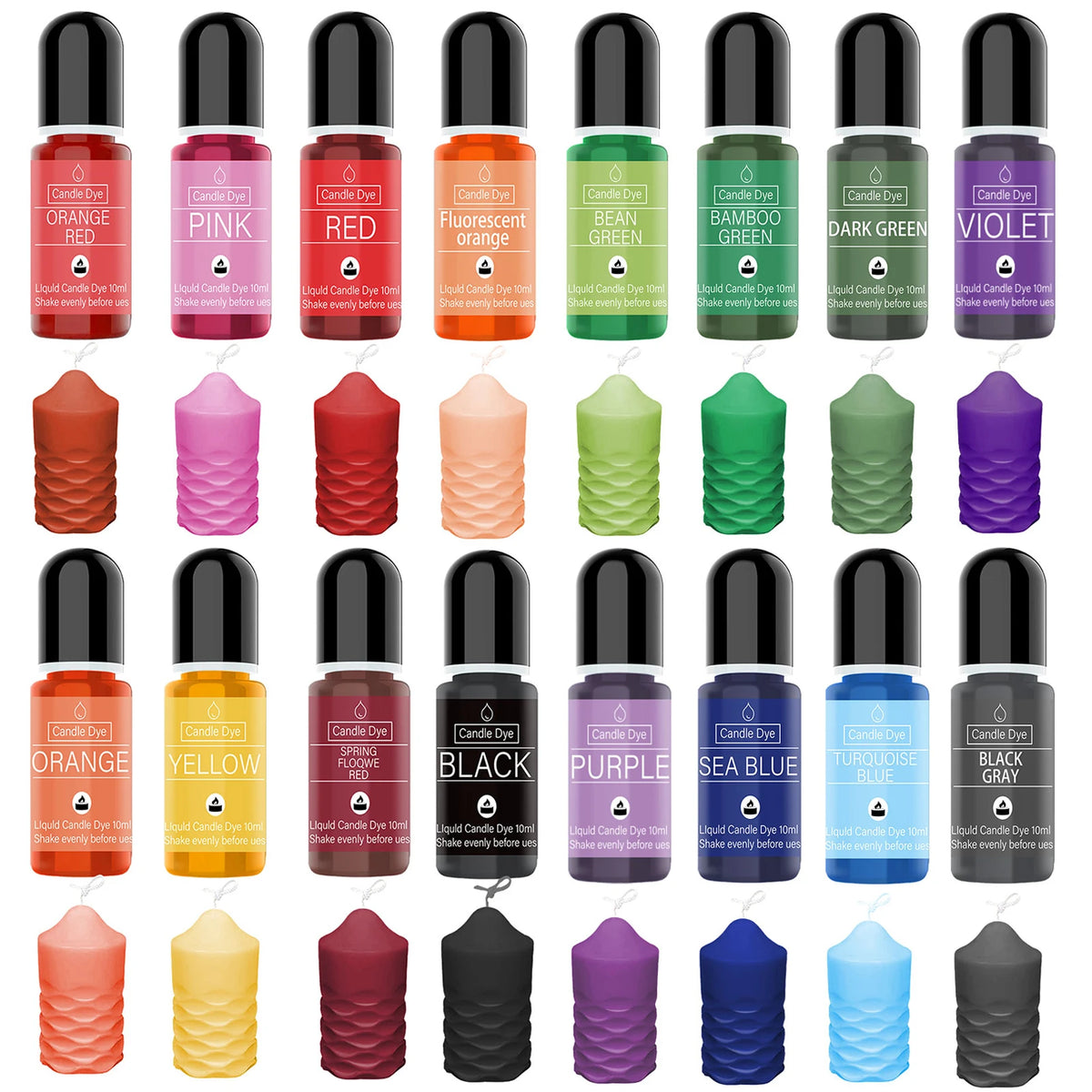 A set of 16 liquid candle dye colors in various shades including orange, pink, red, green, and purple.