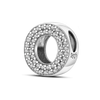 A round sterling silver alphabet charm bead featuring an 'O' design encrusted with cubic zirconia stones.