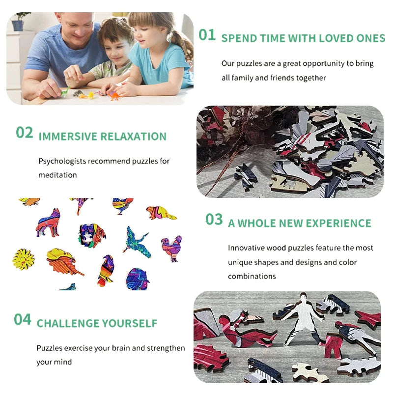 A collection of wooden jigsaw puzzles featuring unique animal shapes and designs for adults and kids.