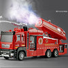 A red fire truck toy with a turbo-jet feature and working ladder is displayed against a gray background.