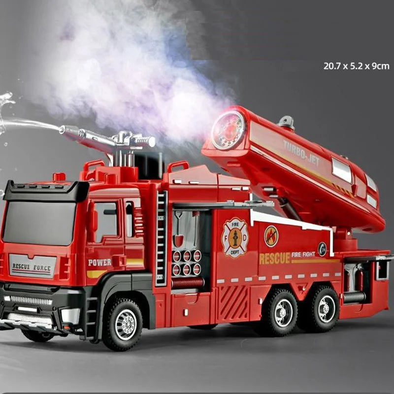 A red fire truck toy with a turbo-jet feature and working ladder is displayed against a gray background.
