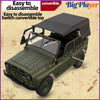 A dark olive green 1/12 scale RC rock crawler truck with a convertible top, shown in a side view.